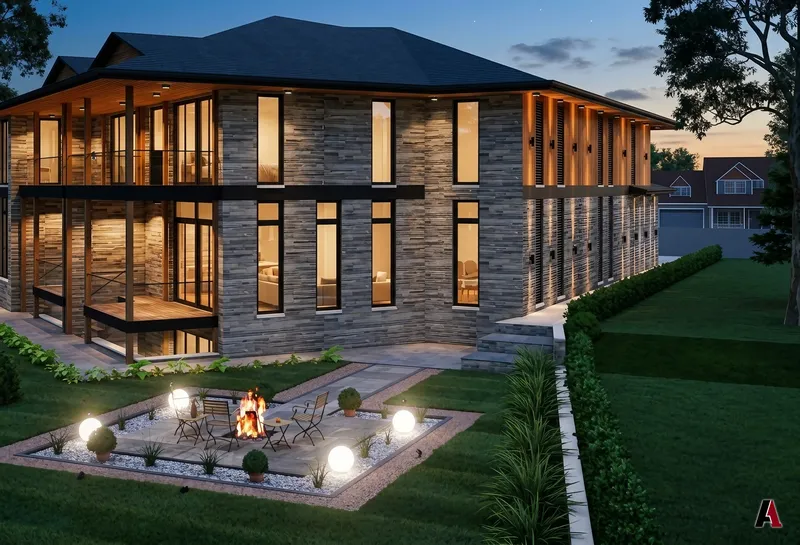 Photorealistic rendering of a stone residence at dusk with a lit fire pit patio and landscaped yard, designed by A1 Design and Construction