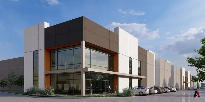 Photorealistic rendering of a tilt-wall distribution warehouse with a two-story glass office corner, designed by A1 Design and Construction
