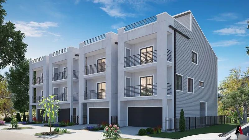 Rendering of four modern three-story townhomes with balconies, rooftop terraces and garages, designed by A1 Design and Construction