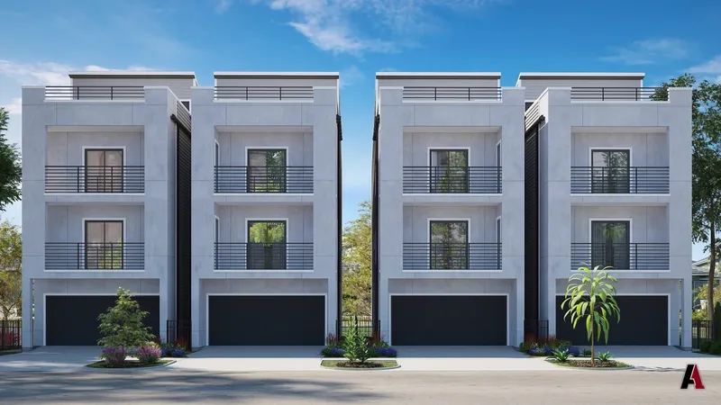Street view rendering of four modern three-story townhomes with garages and balconies, designed by A1 Design and Construction