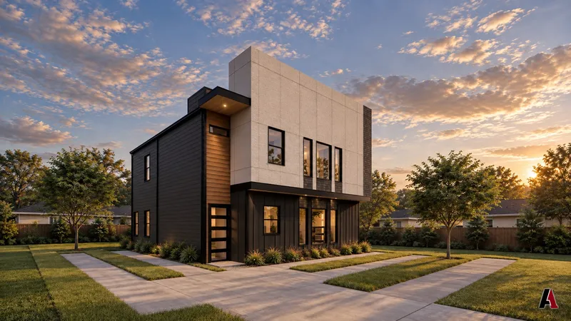 Modern two-story residence with stucco, wood and glass at sunset, designed by A1 Design and Construction
