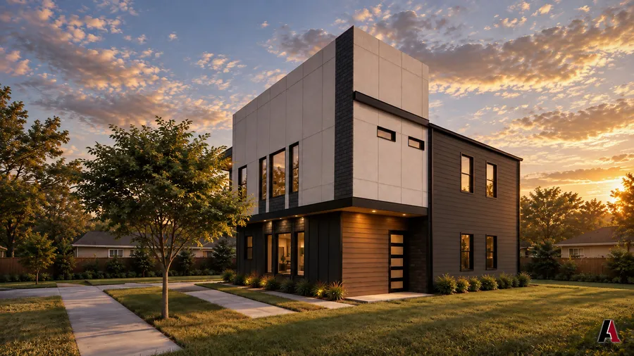 Rendering of a two-story residence with panel siding and wood accents by A1 Design and Construction