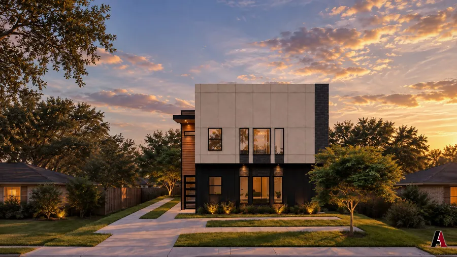 Sunset rendering of a two-story residence with stucco panels, wood and glass by A1 Design and Construction