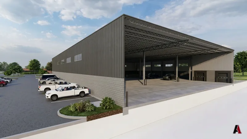 Photorealistic cutaway rendering of a metal warehouse showing the clear-span roof structure, bays and truck docks, designed by A1 Design and Construction