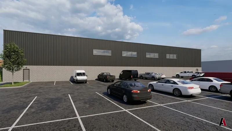 Photorealistic rendering of a long dark metal warehouse with clerestory windows and a striped parking lot, designed by A1 Design and Construction