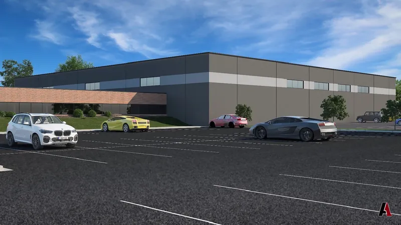 Rendering of a long metal warehouse with a brick office connector and a large parking field, designed by A1 Design and Construction