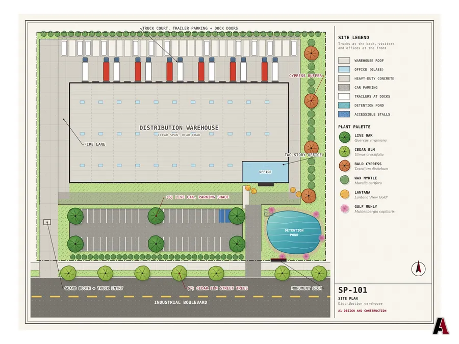 Site plan for a distribution warehouse drawn by A1 Design and Construction