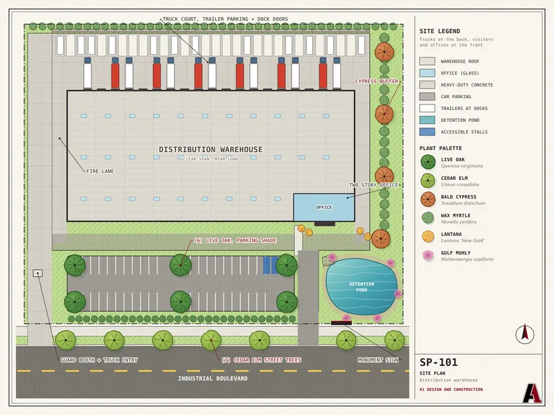 Color site plan of a distribution warehouse with a truck court and dock doors, office parking, landscaping and a detention pond, designed by A1 Design and Construction