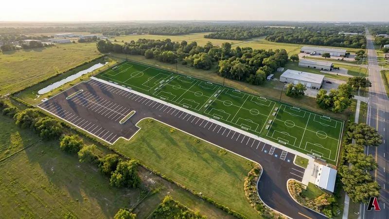 Photorealistic aerial rendering of a youth soccer complex with seven synthetic turf fields, benches, a parking lot with accessible stalls, a lawn, a detention pond and a modular office by A1 Design and Construction, designed by A1 Design and Construction
